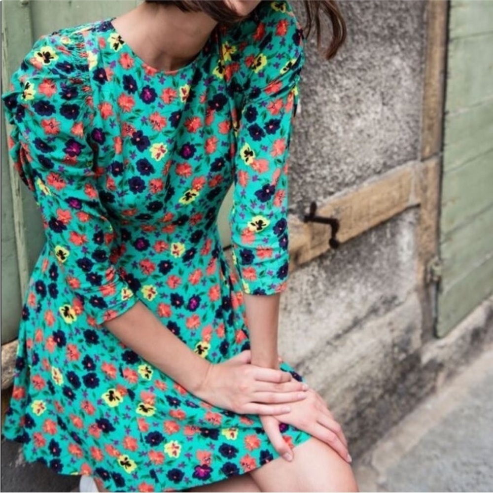 NWT ZARA green floral print 3/4 puffy sleeve dress